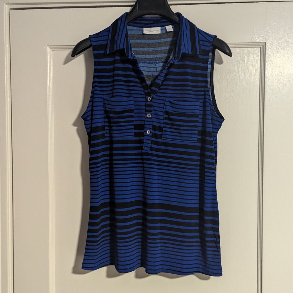 New York & Company, Blue & Black Striped, Poly Blend Collared Tank, Size M